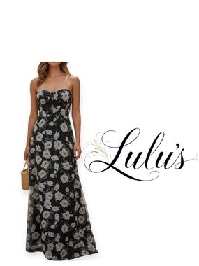 Lulus Chic Preciousness Black Floral Organza Bustier Maxi Dress Size Small